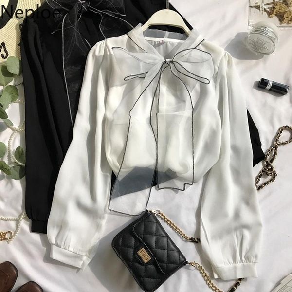 

women's blouses & shirts 2021 spring autumn elegant lace up bow blouse women lantern long sleeve solid chiffon shirt slim fit blusas, White