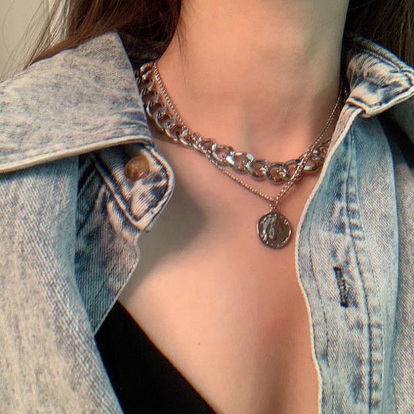 

pendant necklaces hip hop nelaces double layer queen coin head short clavicle chain thi nelace for women choker party jewelry, Silver