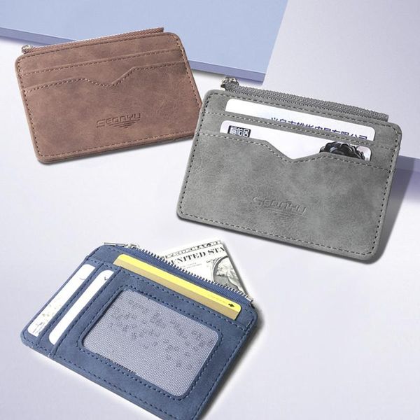 

card holders 2021 frosted leather short korean men's wallet zipper coin purse multi-card pocket money bag business holder, Brown;gray