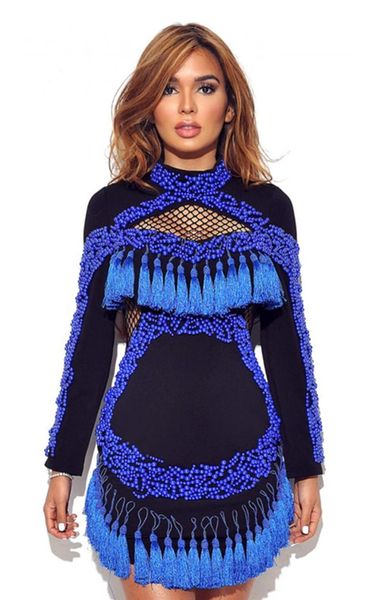 

casual dresses ahvit blue beading embellished women dress long sleeve high collar tassels bandage mesh hollow out party cy8074, Black;gray