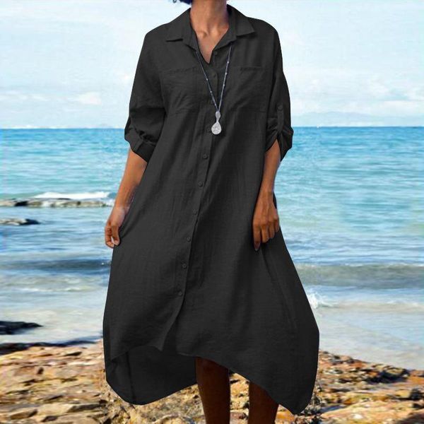 

casual women autumn full sleeve lapel sundress stylish irregular hem vestidos oversized baggy shirt dress plus size dresses, Black;gray
