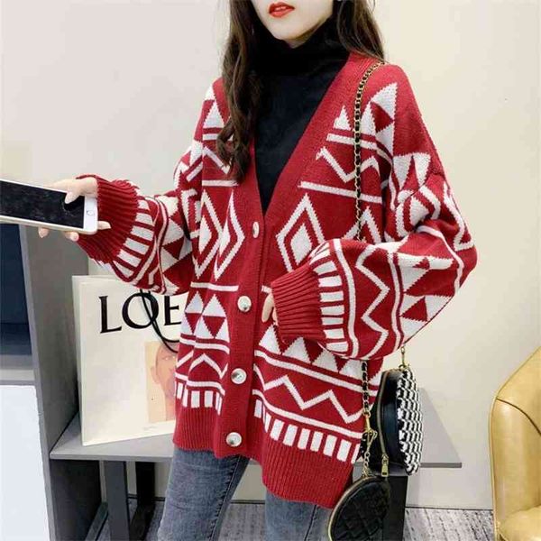 

women's jackets coats foreign style geometric diamond knitting cardigan spring thickening lazy loose outer wear medium length sweater c, Black;brown