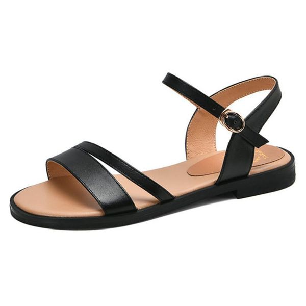 

sandals cow leather women shoes female summer flat ladies casual large size 34-43, Black