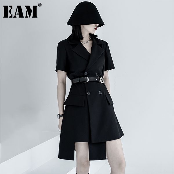

[eam] women black irregular pocket double breasted dress notched short sleeve loose fit fashion spring summer 1dd7556 21512, Black;gray