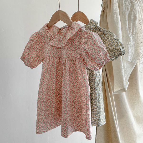 

summer baby girl fashion clothes lovely loose floral dresses for girls lotus leaf collar with cherry print princess dress 210413, Red;yellow