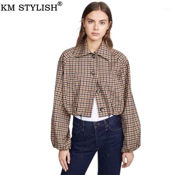 

women's jacket coat female 2021 fall/winter vintage drawstring brown plaid lantern sleeve short jacket1, Black;brown