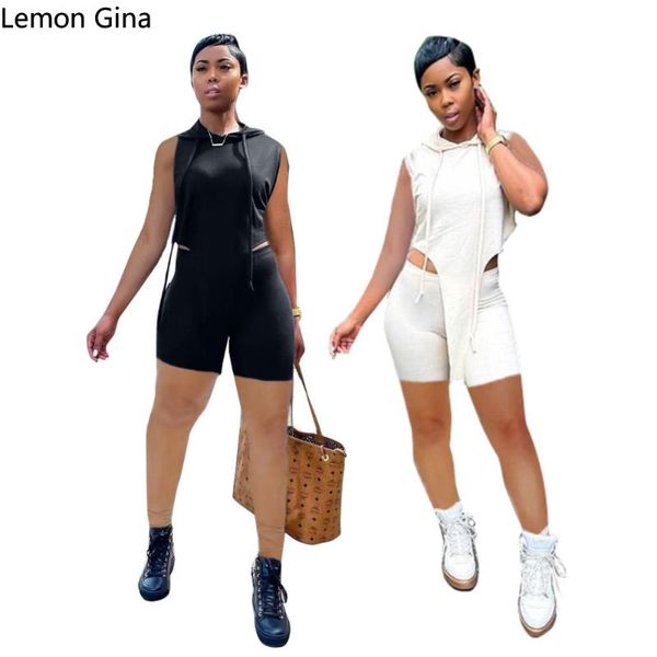 

women's tracksuits lemon gina summer 2021 fiery recommended fashion leisure sports pure color sleeveless hat t two-piece set, Gray