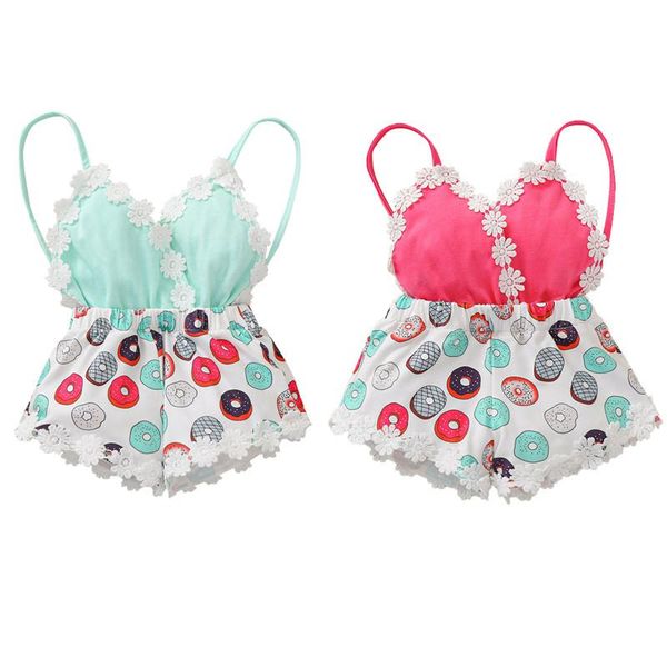 

jumpsuits 0-36m baby girls summer rompers doughnut print flower trim spaghetti straps v-neck sleeveless for toddler, Blue