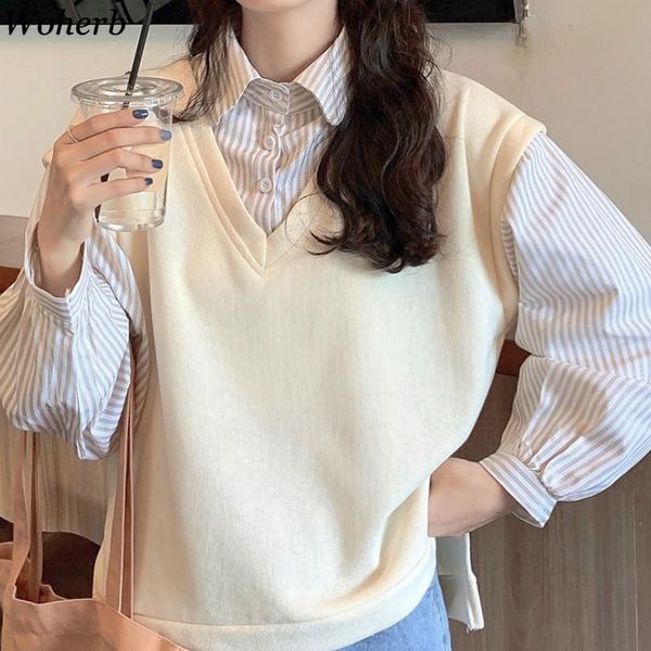 

woherb patchwork striped hoodies women winter clothes korean fashion fake two casual sweatshirt woman 4g266 women's & sweatshirts, Black