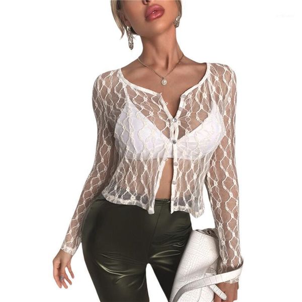 

women's t-shirt women lace adults see-through long sleeve round neck button down cardigan summer loose transparent t shirts, White