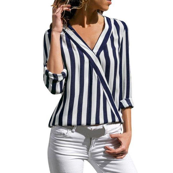 

autumn v neck women shirts blouse striped long sleeve irregular work office shirt camisas mujer women's blouses, White