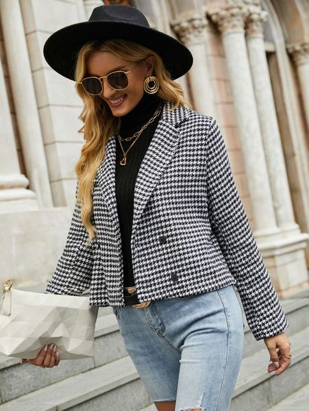 

autumn winter slim double-sided fashion temperament suit collar black white plaid coat, Black;brown