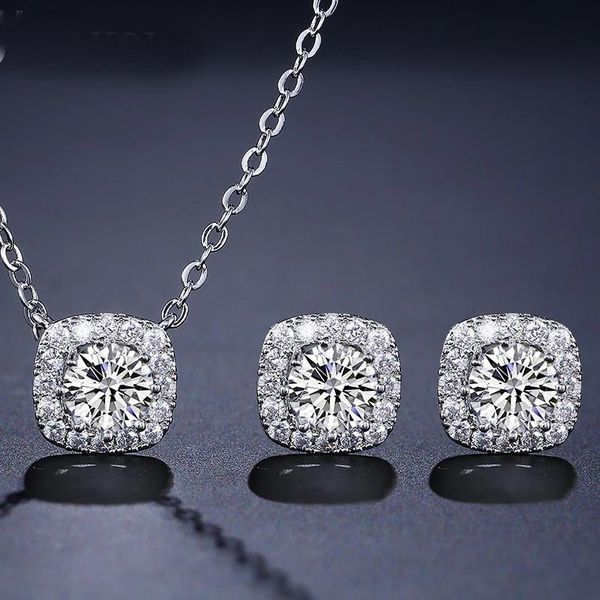 

earrings & necklace cocom cubic zircon jewelry sets fashion square pendant and stud round crystal accessories, Silver