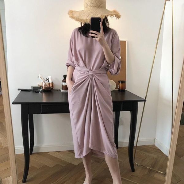 

casual dresses spring summer 2021 dress women o neck wrap midi elegant for female korean 4945, Black;gray