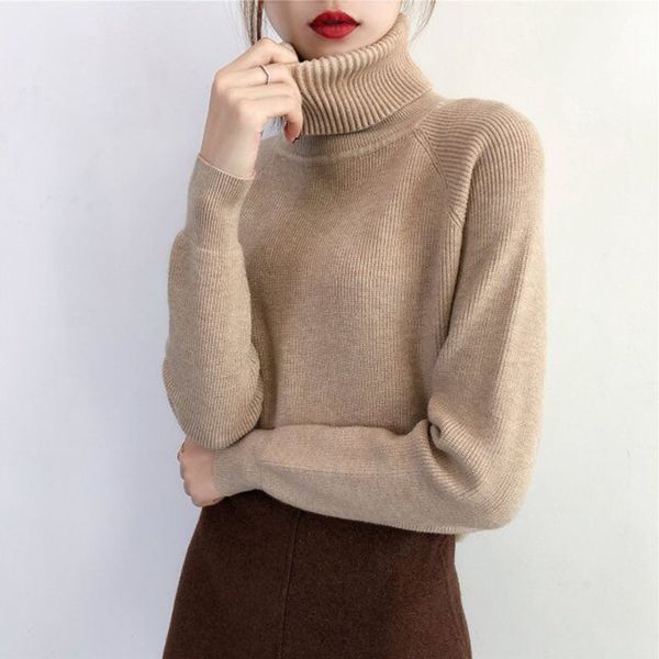 

autumn winter solid turtleneck pullover sweater women's loose bottoming shirt thick long-sleeved knitted jumper 210520, White;black
