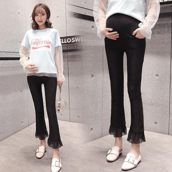 

fashion pregnancy wear summer maternity pants high elastic waist pregnant woman flared trousers plus size bottoms, White