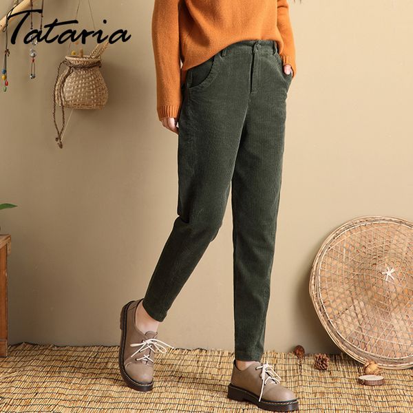 

pleated high waist corduroy trousers tataria waisted harem pant women cotton loose casual pink pants for 210514, Black;white