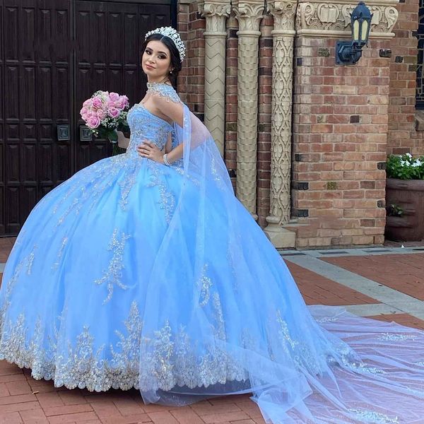 2022 Princesa Quinceanera Vestidos com Cap Shawl Champagne Applique Frisado Cristal Bola Vestidos Puffy Sweet 16 Dress Girls