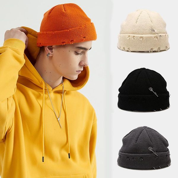 

beanies harajuku men hat solid color warm knitted brimless hats winter autumn hip hop hole beanie street man melon cap