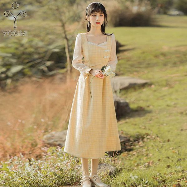Yosimi mulheres vestido primavera a linha amarela xadrez retalhos malha meia-vitela ajuste e flare sopro manga longa vestidos elegantes 210604