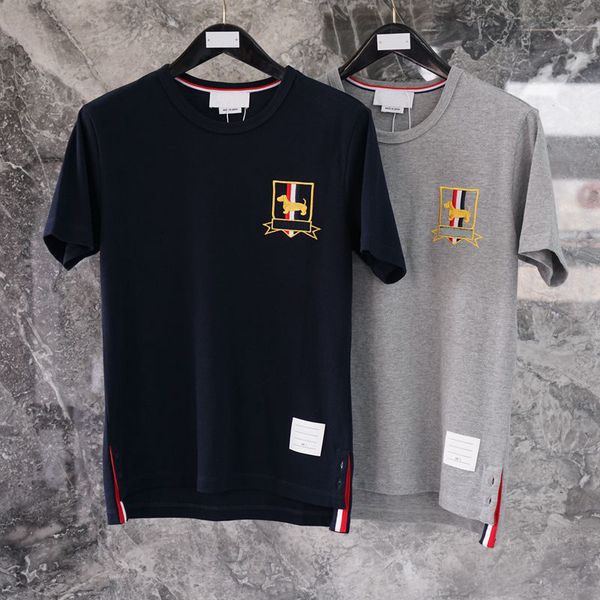 

t shirt fashion tb thom brand o-neck collar puppy embroidery short-sleeved t-shirt men women cotton couple summer clothing, White;black