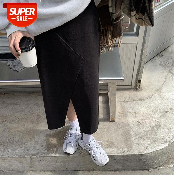

[huang zheng] irregular slit woolen skirt women korean style high waist straight midi q26269 #rv4n, Black;gray