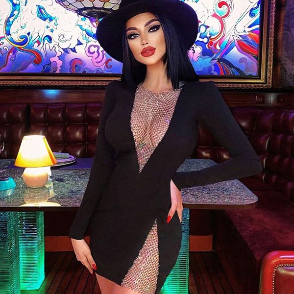 

adyce 2021new winter women bla beading long sleeve bandage dress hollow out sheath mini club celebrity runway party dress, Black;gray