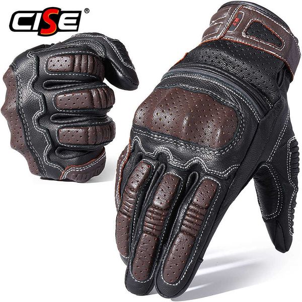 Genuíno couro vintage motocicleta luvas dedo dedos de borracha proteção proteção touchscreen motorbike motocross atv corrida de corrida H1022