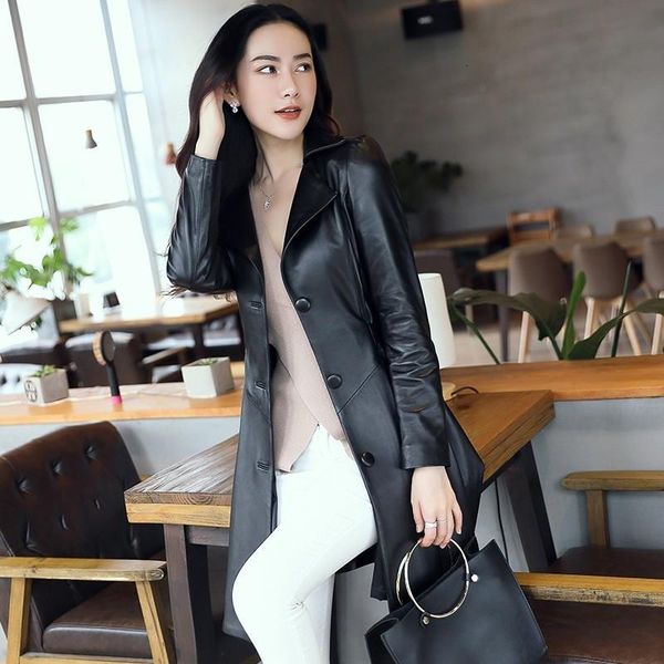 

women's leather & faux spring autumn 2021 black real sheep long coat windscreen short korean design