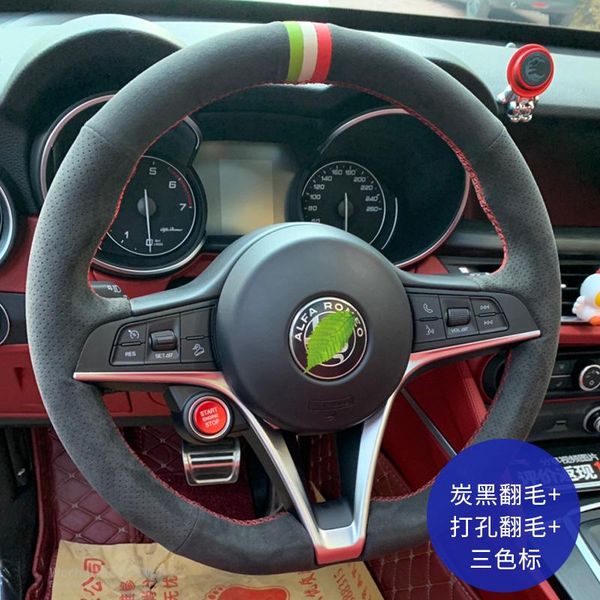 

car pi black soft leather suede car steering wheel cover hand-stitched for alfa romeo giulia stelvio grip interior accessories