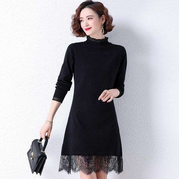 

casual dresses autumn winter women soft knitted black camel lace contrast design one piece dress long sleeve knee length straight robe, Black;gray