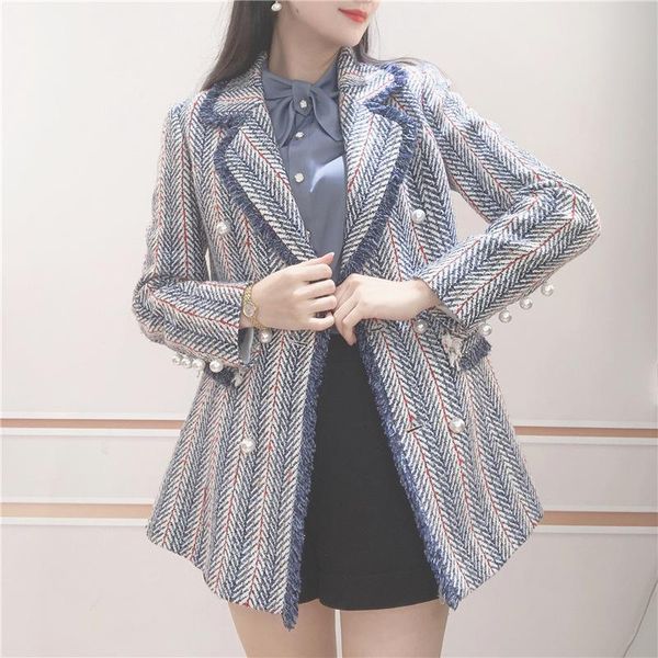 

women's jackets [ewq]2021 winter female turn-down collar long-sleeved double breasted minimalist patchwork panelled tweed woolen suit c, Black;brown