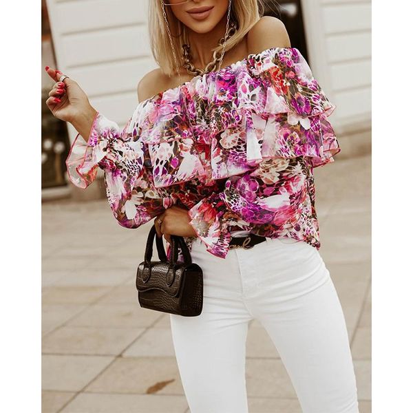 

women's blouses & shirts women chiffon blouse shirt floral print slash neck one shoulder ruffle long sleeve spring autumn korean 2021 c, White