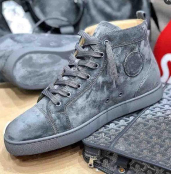 

grey/blue suede&# leather sneakers&# shoes high famous brand red sole sneakers shoes&# men and women causal party dress wedding plus box 35-, Black