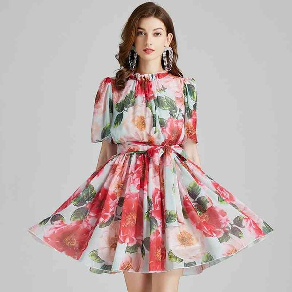 

elegant bow collar camellia floral print runway chiffon dress summer clothes women short sleeve mini party robe beach vestidos 210603, Black;gray