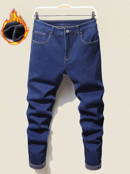 

men solid pocket detail thermal jeans v8lx#, Blue