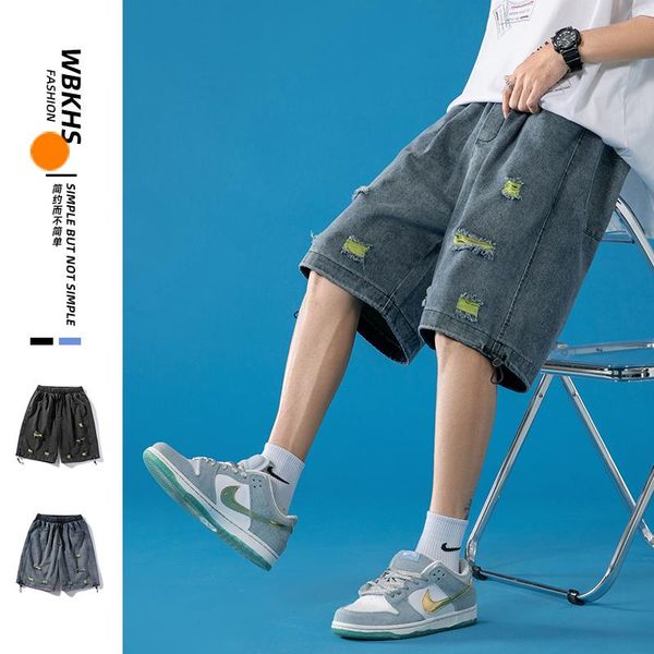 

men's jeans 2021 summer style denim shorts fashion casual loose large size short ripped beggar pants, Blue