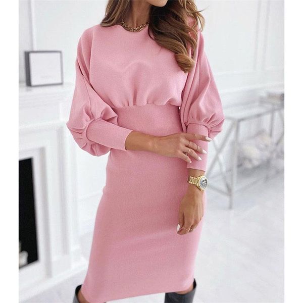 

casual dresses lantern sleeve bodycon dress woman solid long for women 2021 elegant fashion o-neck knee-length autumn, Black;gray