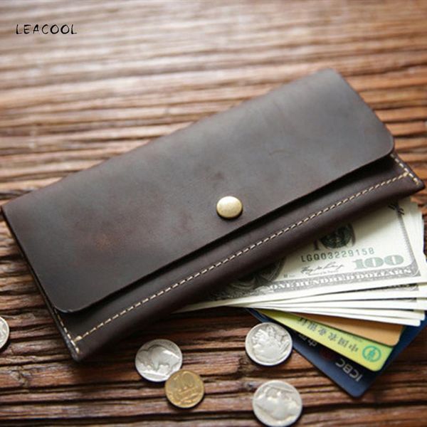 

vintage handmade men's long purse genuine leather slim thin wallet clutch male wallets id card holder bag, Red;black