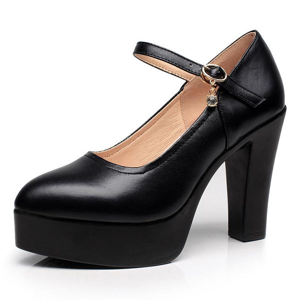 

dress shoes big size 33-43 block heels women's genuine leather 2021 autumn high heel pumps platform women white wedding office shoe, Black