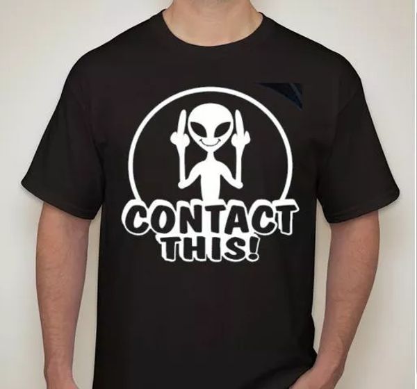 

CONTACT THIS!! Alien middle finger the bird flip off UFO Outer space T shirt, White;black