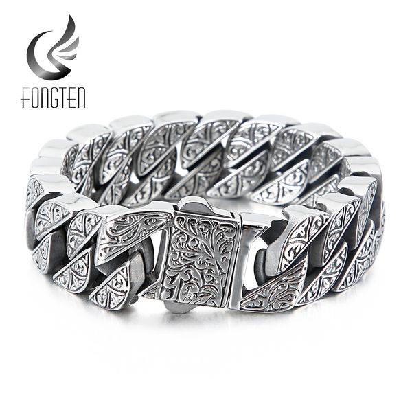 

fongten vintage style bracelet mens unique carving cuban link chain stainless steel men bracelets bangle fashion jewelry, Black