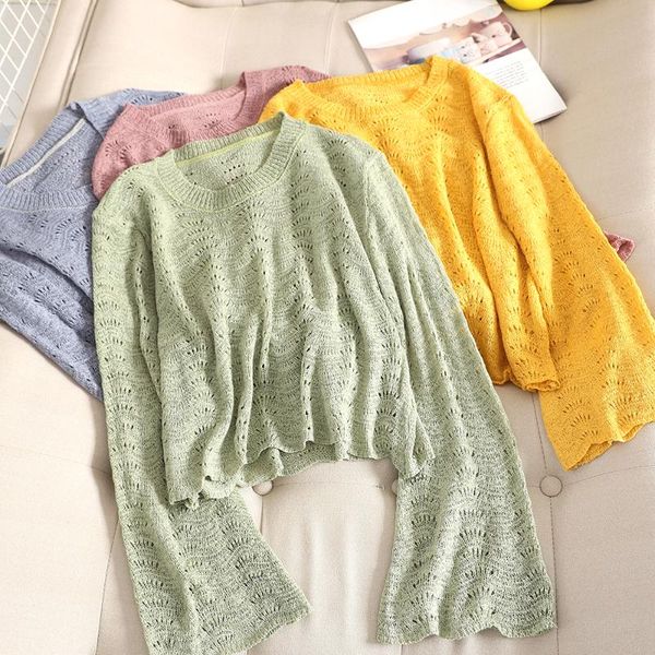 

women's sweaters skoonheid women solid hollow pullovers chic long flare sleeves basic o-neck multicolor knitwear causal femme korean st, White;black