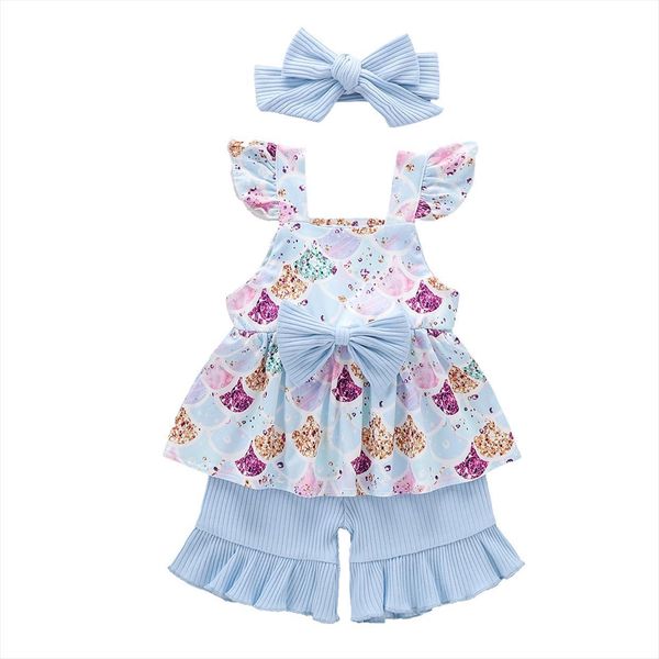 

3pcs summer toddler infant baby girl cotton casual outfits set mermaid ribbing shorts headband cute clothes, White