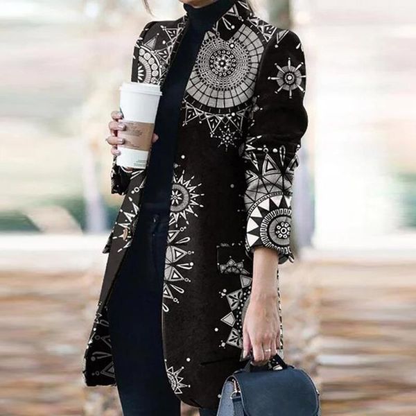 

women's trench coats coat women long sleeve o neck print jacket warm female winter plus size windbreaker, Tan;black