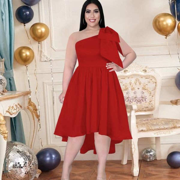 

plus size dresses party red off shoulder sleeveless big bow high waist irregular ruffle fashion elegant prom evening club dress, Black