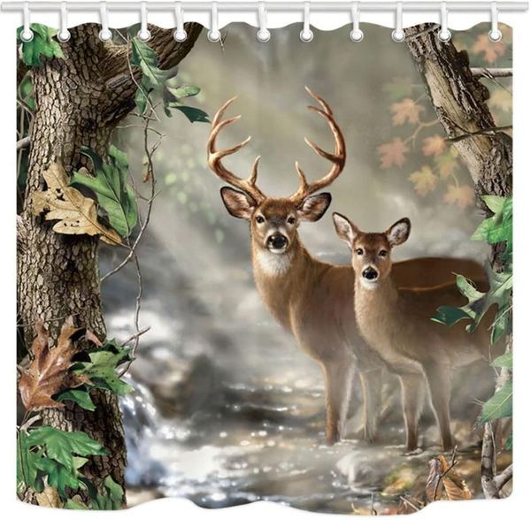 

shower curtains deer decor,waterproof fabric elk foggy forest curtain