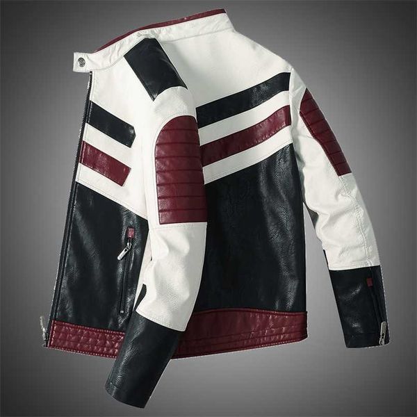 Giacca da motociclista da uomo Giacca in pelle patchwork a righe in pelle PU Giacca autunno inverno slim Giacca da uomo High Street Design irregolare 211111