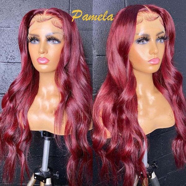 

lace wigs burgundy front wig 150% density body wave human hair with baby red 13x6 transparent pre plucked, Black;brown