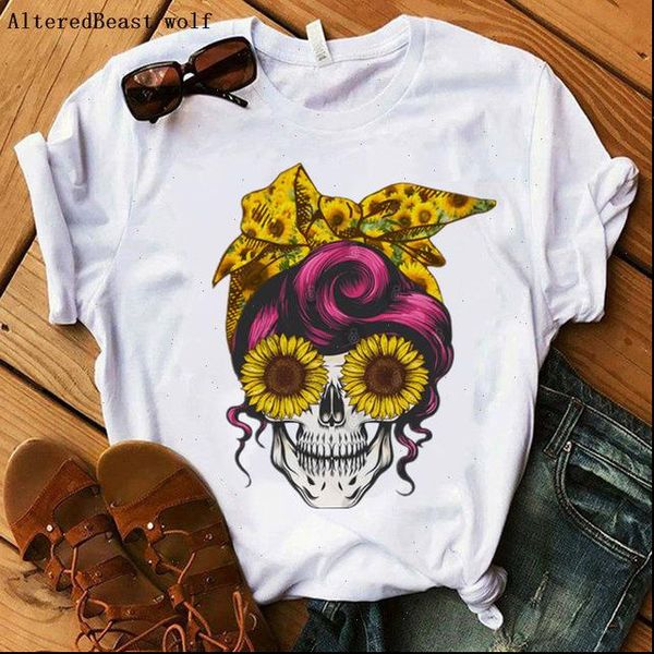 

funny skull punk womens t shirt women summer fashion casual short sleeve sun flowers female o neck, White